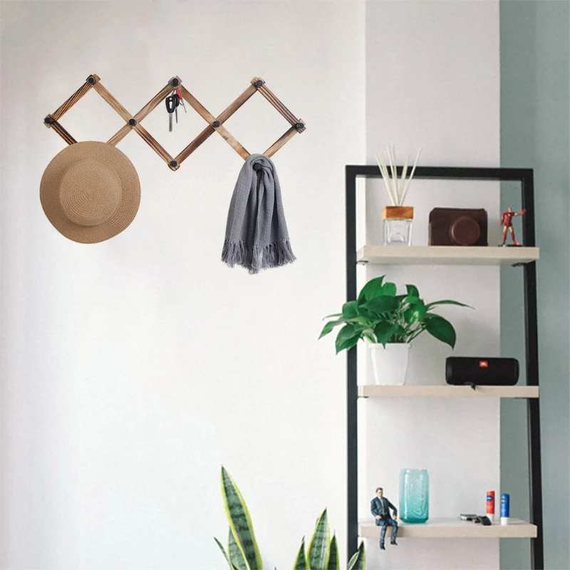 

Vintage Wood Expandable Wall Hanger Wooden Folding Coat Rack for Hats Scarves Key Towels Leash Jewelry Storage Decor
