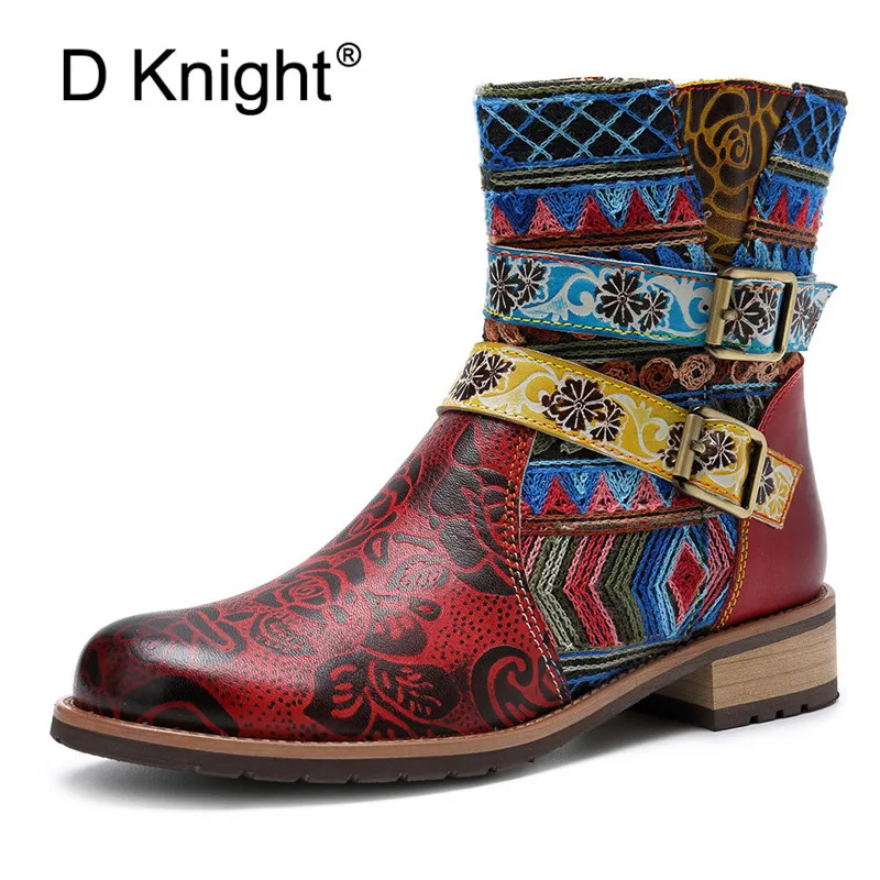 

Bohemian 2021 New Autumn Casual Ankle Western Chelsea Boots For Woman Retro Ethnic Style Genuine Leather Zip Women's Boots Shoes