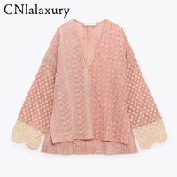 cnlalaxury new embroidery blouses women shirt pink floral summer top 2021 vintage long sleeve elegant blouse female blusas mujer