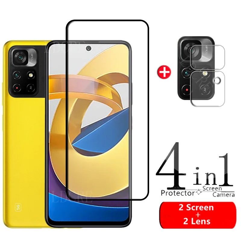 

4-in-1 For Poco M4 Pro Glass For Xiaomi Poco M4 Pro Tempered Glass Full 9H Screen Protector For Poco X3 GT M3 M4 Pro Lens Glass