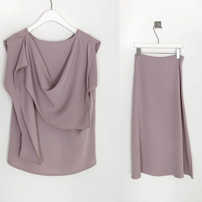 

2021 Summer Office Lady Two Picec Set French Design Chic O Neck Sleeveless Shirt Tops Women + High Waist A-Line Half Skirt Suit