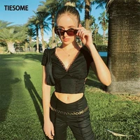tiesome sexy lace v neck women t shirts summer short sleeve tops female clothes back lace up high street tshirts solid top femme