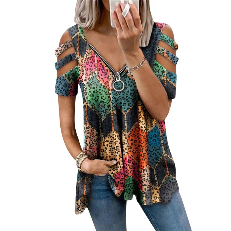

V Neck Zipper Short Sleeve Top Summer Sexy Women Printed Hollow Out T Shirt Fashion Loose Off Shoulder Casual Shirts