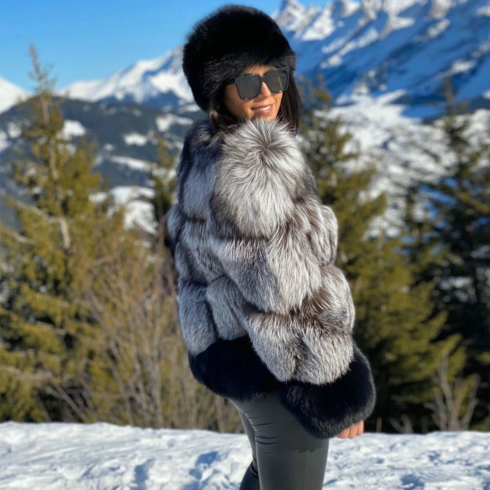 Women Fashion Genuine Fox Fur Jacket Round Collar Color Patchwork Whole Skin Real Fox Fur Coat Thick Warm Fur Overcoat Luxury