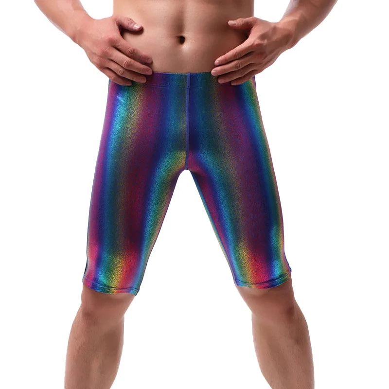 Men Long Johns Male Sexy Elastic Fitness Shorts Pants Men Underwear Striped Shinning Homme Male Gauze Nightclub Stage Costume