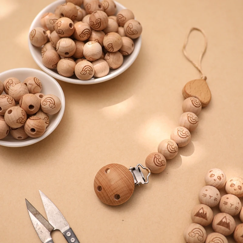 Let's Make 10pcs 16mm Beech Beads Wooden Teether Printed Round Beads Safe Customizable DIY Pacifier Necklace Chain Accessories
