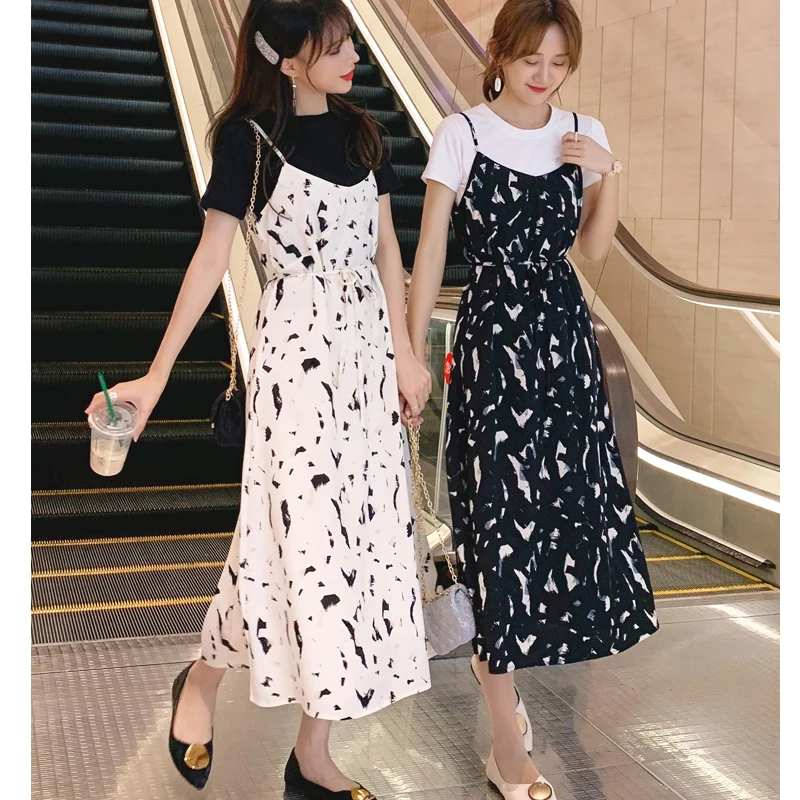 

Sexy Women's Sling Long Dress Summer 2021 Fashion Girlfriends Floral Chiffon Loose Long Dresses