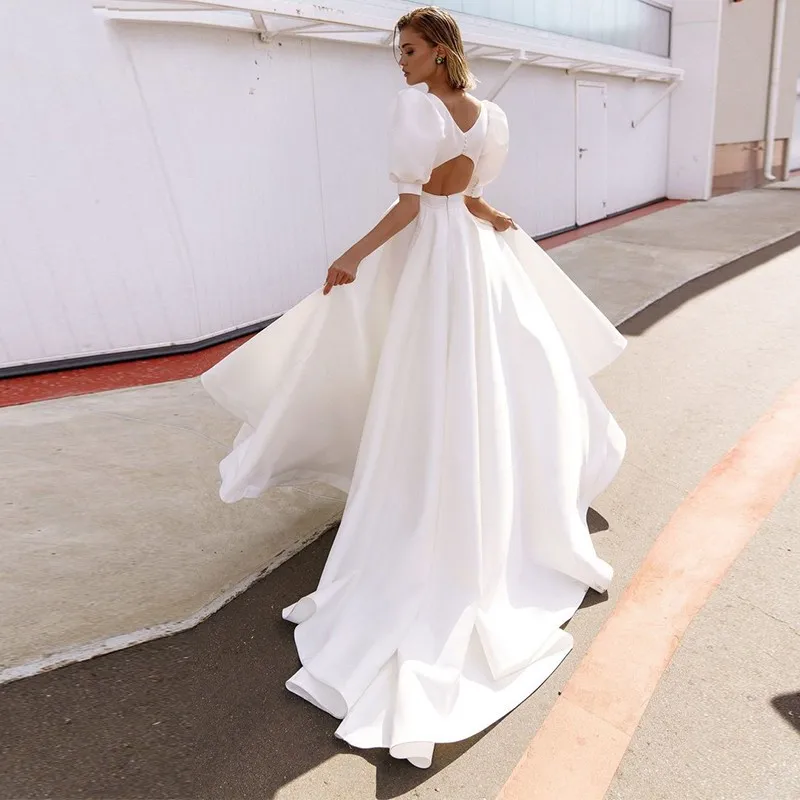 

Elegant Satin Wedding Dresses Beach Short Puffy Sleeves A-Line Boho Bridal Gowns Princess 2021 Vestidos De Mairee