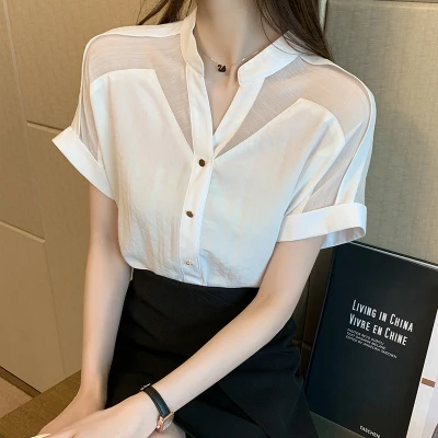 

Summer Chiffon Patchwork Plus Size Blouse V-collar Ladies Tops Office Elegant Women Shirts Transparent Blouse Ladies