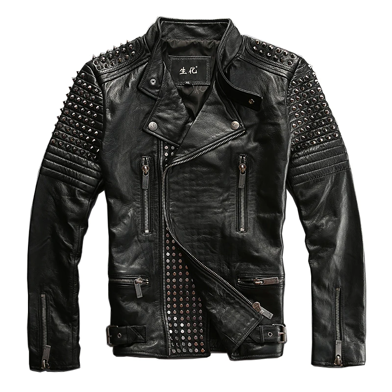 

Asian 1665 Read Description! size mens punk rivet motorcycle rider cow stylish genuine cowhide leather jacket