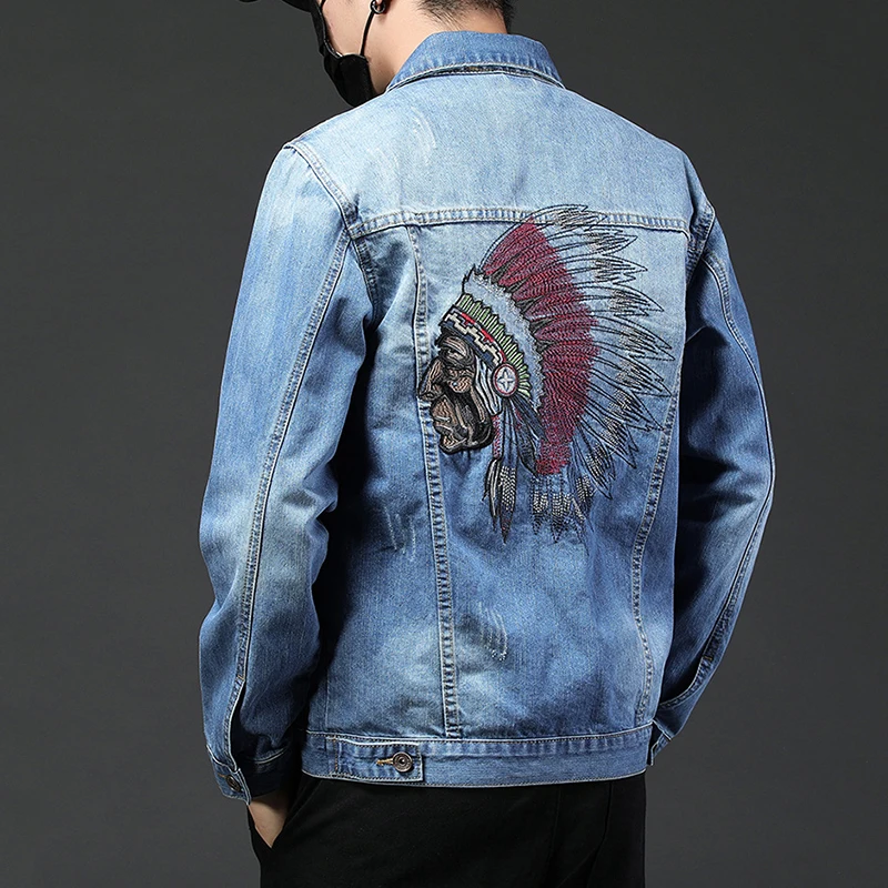 Vintage Embroidered Indian Denim Jacket 2020 New Men's Slim Cowboy European and American Style Long Sleeve Jeans Coat | Мужская