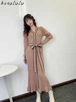 2021 autumn and winter new japanese color matching long sleeved waist slimming slimming v neck knitted dress women