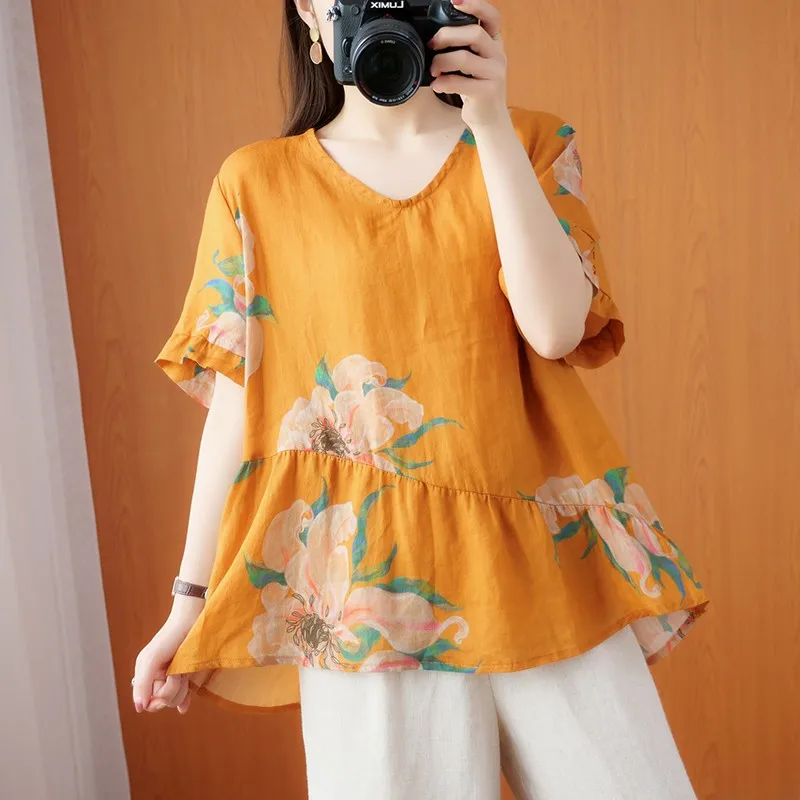 

Women Cotton Linen Casual T-shirts New 2021 Summer Vintage Style V-neck Floral Print Loose Female Short Sleeve Tops Tees B429