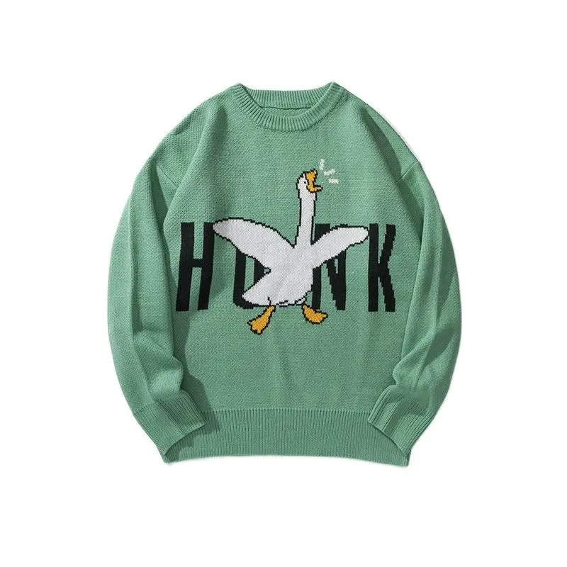 

2021 New Arrival Cartoon Goose Jacquard Casual Men Blue Knitted Sweater Kpop Women Pullovers Korean Fashion Clothing Pull Homme