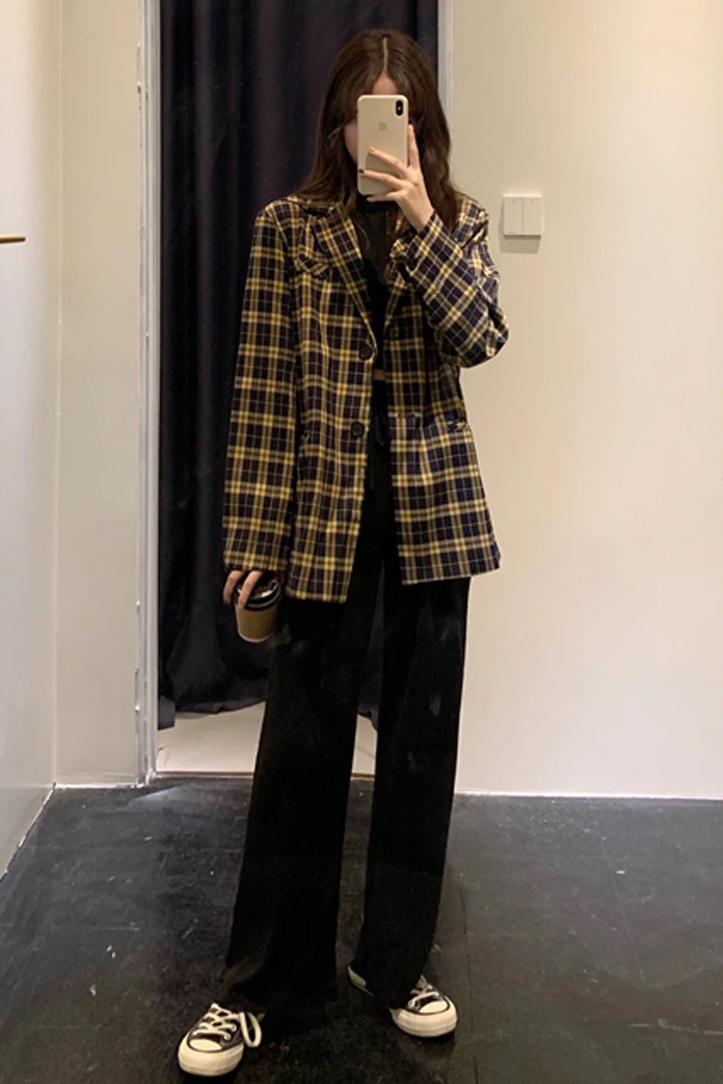 

Korean Blazers Autumn Korean Style New Loose Retro Plaid Suit Jacket Women's Long-Sleeved All-match Casual Small Suit Fashion