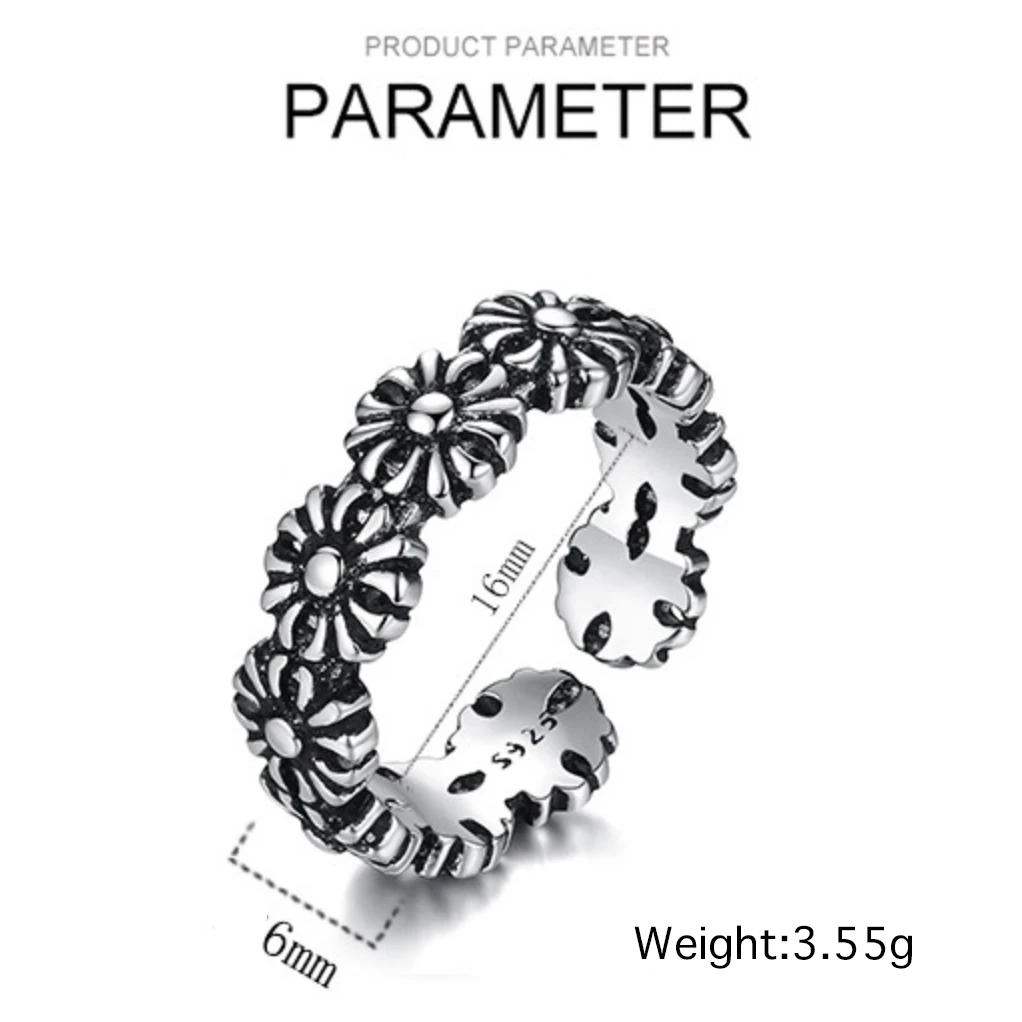 

Gothic Punk Vintage Flower Simple Thai Sterling Silver Adjustable Ring For Women Designer Chunky Fashion Antique Jewelry