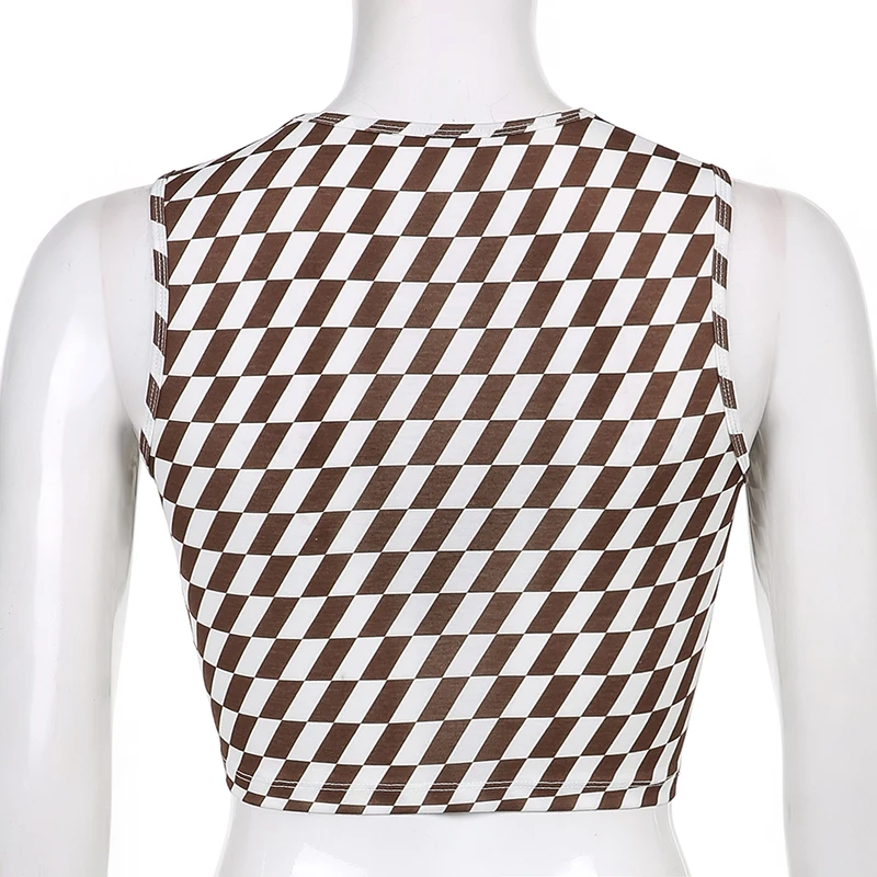 

Rockmore Brown Argyle Plaid Crop Top Women Y2K Sleeveless Tank Tops Basic Corset Tee 90s Vintage Fashion Skinny Mini Vest Summer