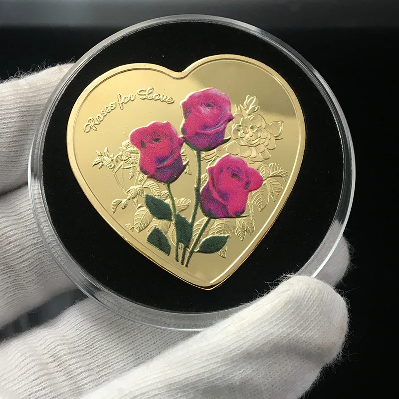 

Памятная монета в форме сердца с изображением розы, коллекция позолоченных сердец, любовь с цветной печатью, брачная монета
