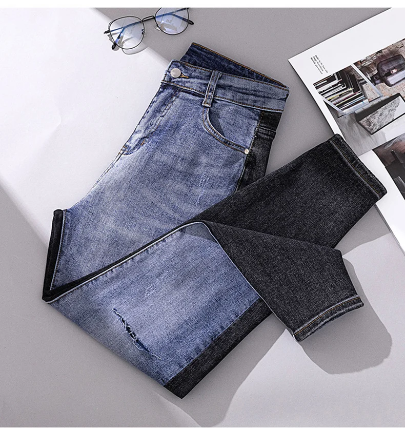 

Ripped wide leg straight leg ladies jeans blue streetwear fashion retro pants spring/summer fashion black and blue sides