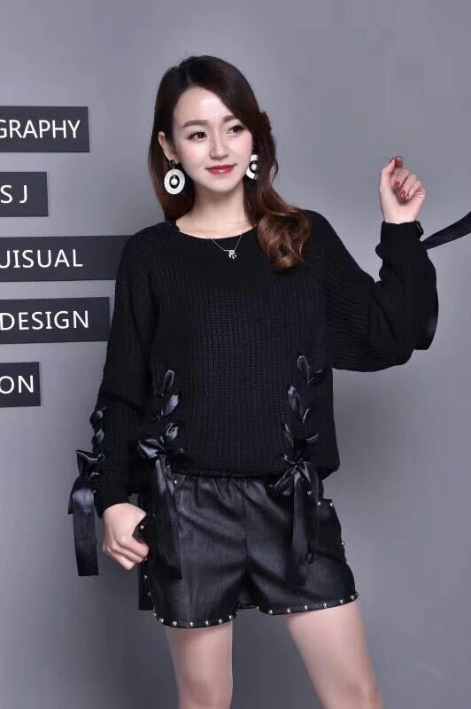 Осенние Японские Женские свитера на шнуровке с лентами модная Милая вязаная