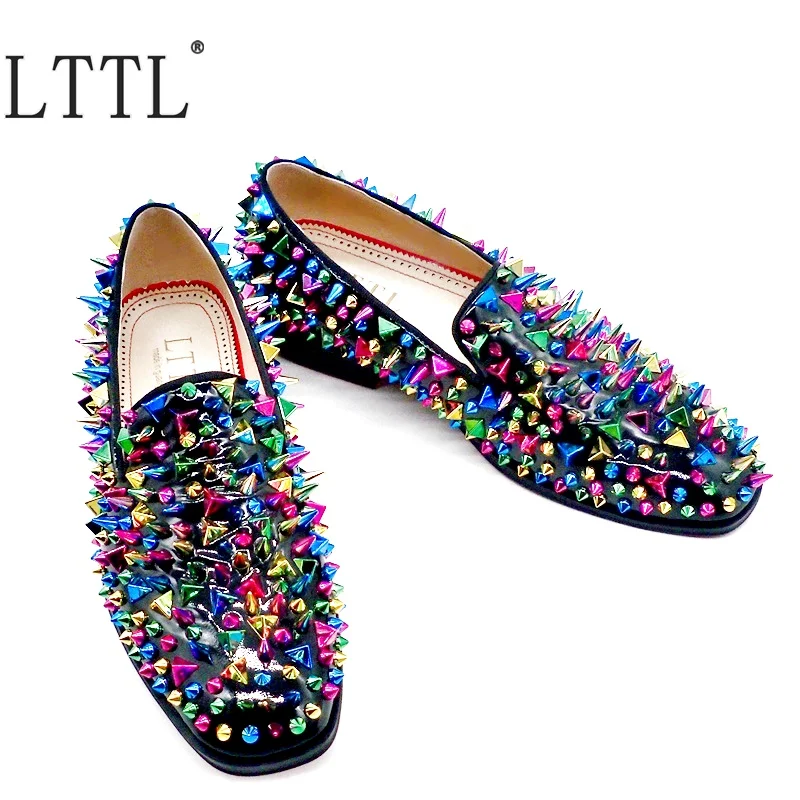 LTTL Black Patent Leather Multicolor Spikes Loafers Men Dress Shoes Handmade Slip On Designer Brand Rivets Casual | Обувь