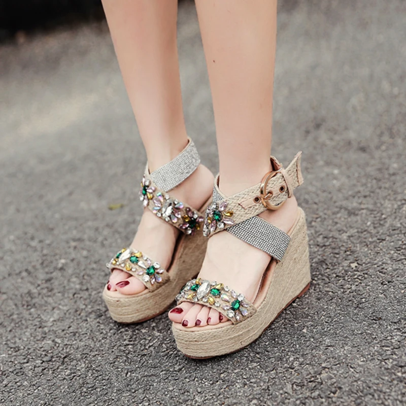 

Rhinestone women's sandals cross belt buckle hemp wedge heel high heels colored diamond student shoes