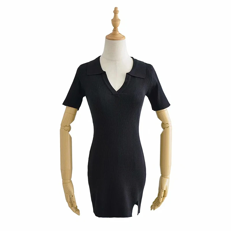 

Knitted Dress 2021 Women's Clothing Spring Sexy Slim Side Split Lapel Retro Short Sleeve High Waist Dress Daily Casual Wear