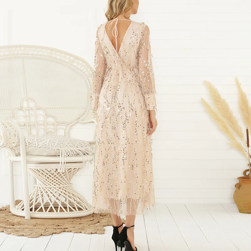 Сексуальное длинное платье OTEN с длинным рукавом и блестками женское вечернее