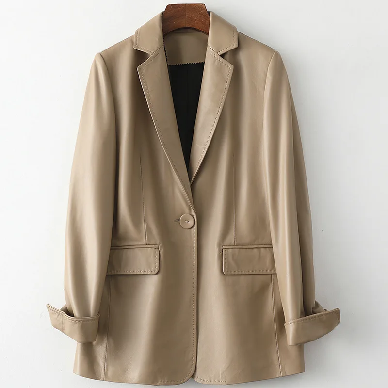 2021 Spring New Soft Sheepskin Khaki Coat Women's Slim Fit Genuine  Leather Mid Length High Quality Single Button Simple Jacket