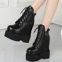 lace up chunky platform creepers women cow leather high heel ankle boots female high top round toe fashion sneakers casual shoes