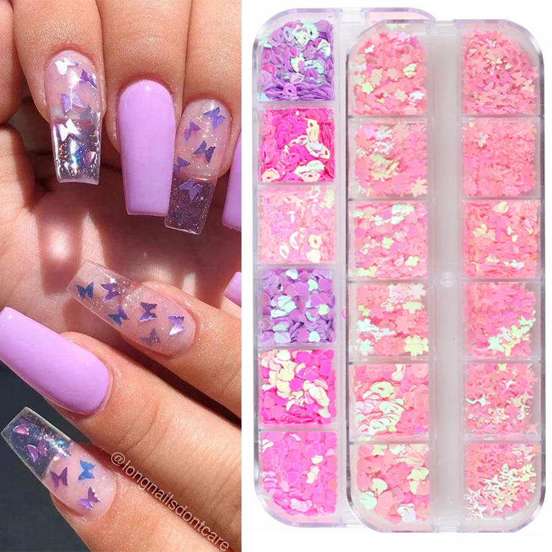 

12 Grids/box Purple Pink Nail Sequins Love Heart Butterfly Mixed Sparkle Nail Glitter Flakes 3D Nail Art Decorations Accessories