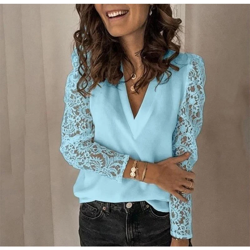 

Women Blouse Shirt 2020 Spring Summer V-neck Lace Hollow Out Top 5XL Embroidery Long Sleeve Patchwork Shirt Plus Size Feminino
