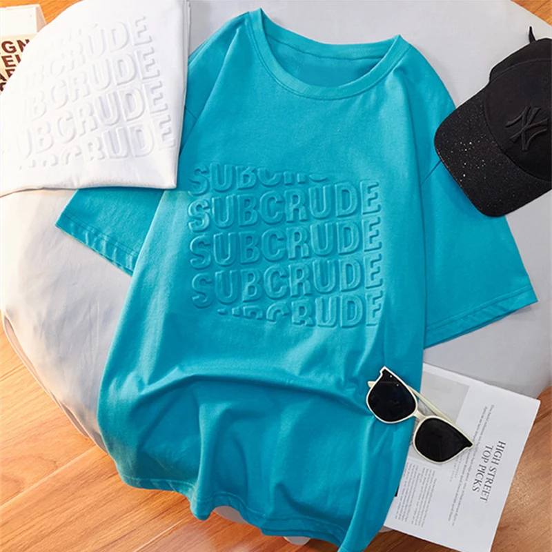 

Women's T-shirts 2021 Spring Summer O-neck Loose Tops 3D Letter Print tshirt Korean Girls Harajuku Blue White Tees ropa mujer