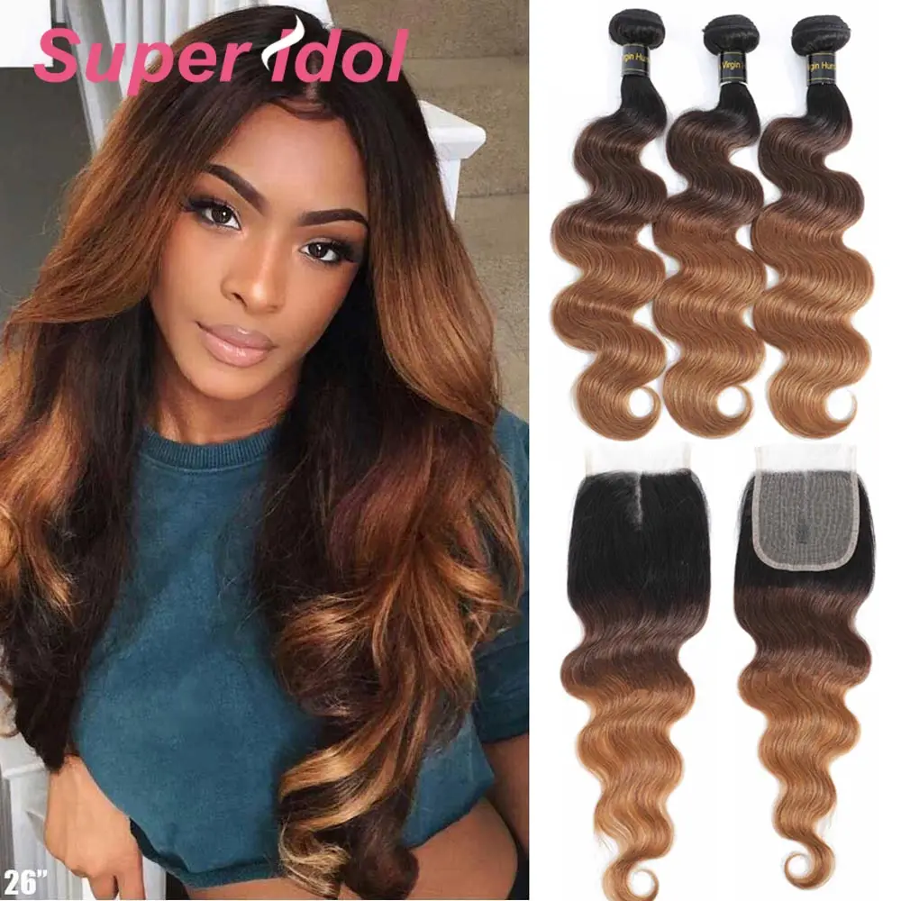 Onda do Corpo Pacotes com Fechamento Feixes de Cabelo Humano com Fechamento do Laço Super Brasileiro Cabelo Tecer – 4 Loira 1b 30 Remy Ombre t 3