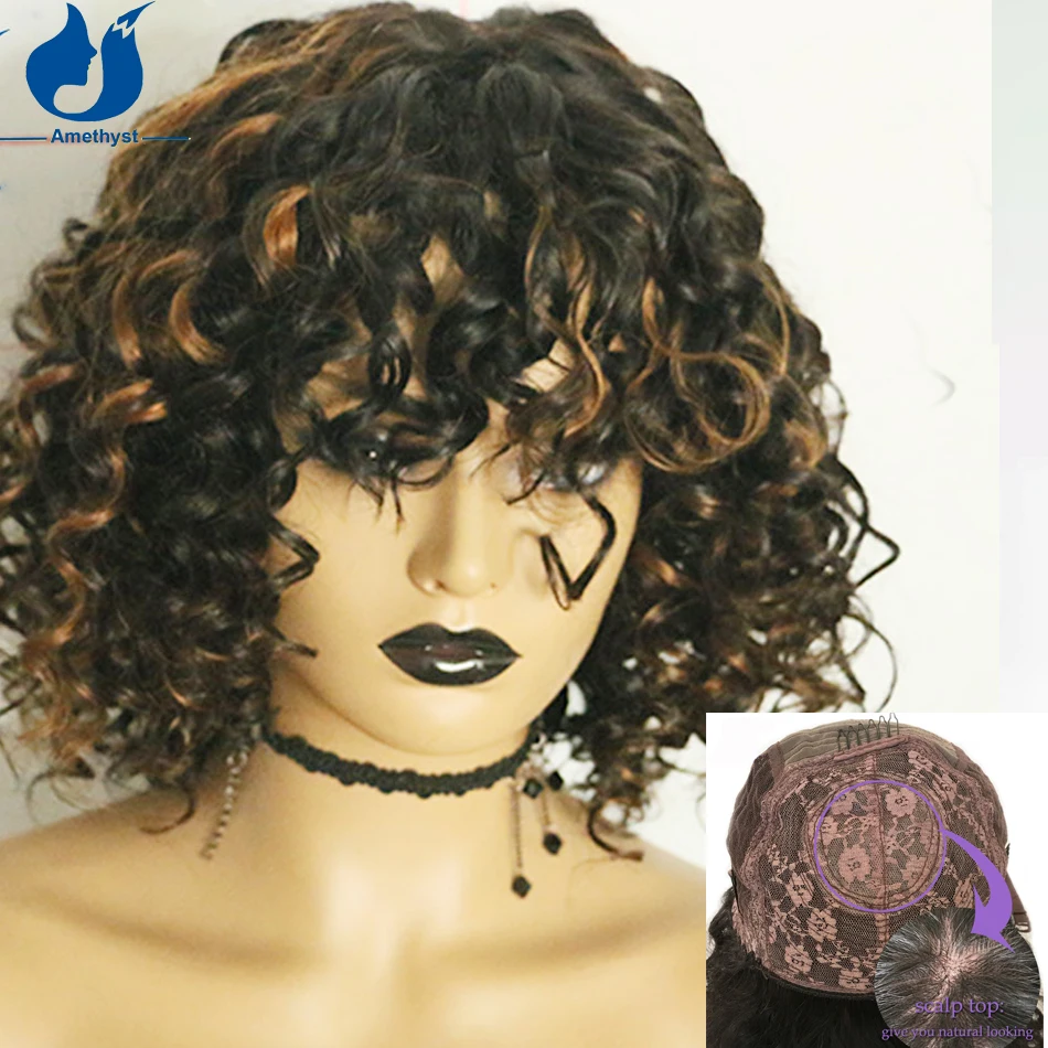 

Amethyst Afro Short Bob Curly Wig With Bangs Scalp Top Human Hair Wigs Brazilian Remy Hair Highlight Blonde 180% Density