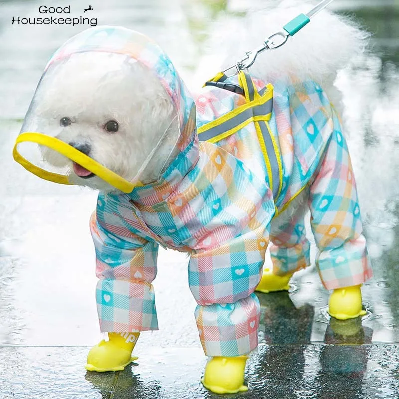

Cute love plaid raincoat traction rope big brim pet poncho four-legged all-inclusive small dogs reflective clothes