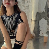womens sweater vest plaid short women y2k black sleeveless top casual plaid knitted sweater vest harajuku 2020