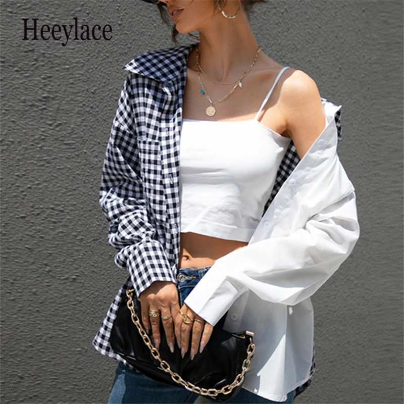 

New Color Blocking 2021 Women Spring Autumn Blouses Shirts Plaid Vintage Oversized Patchwork Checkered Tops