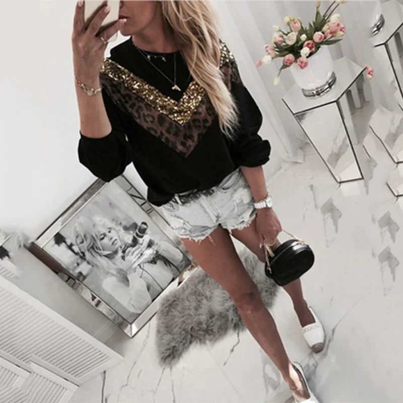 

Fashion Sequined Leopard Stitching Long Sleeve O-Neck Women Sweatshirt Autumn Winter Plus Size Streetwear Casual Loose Pullover