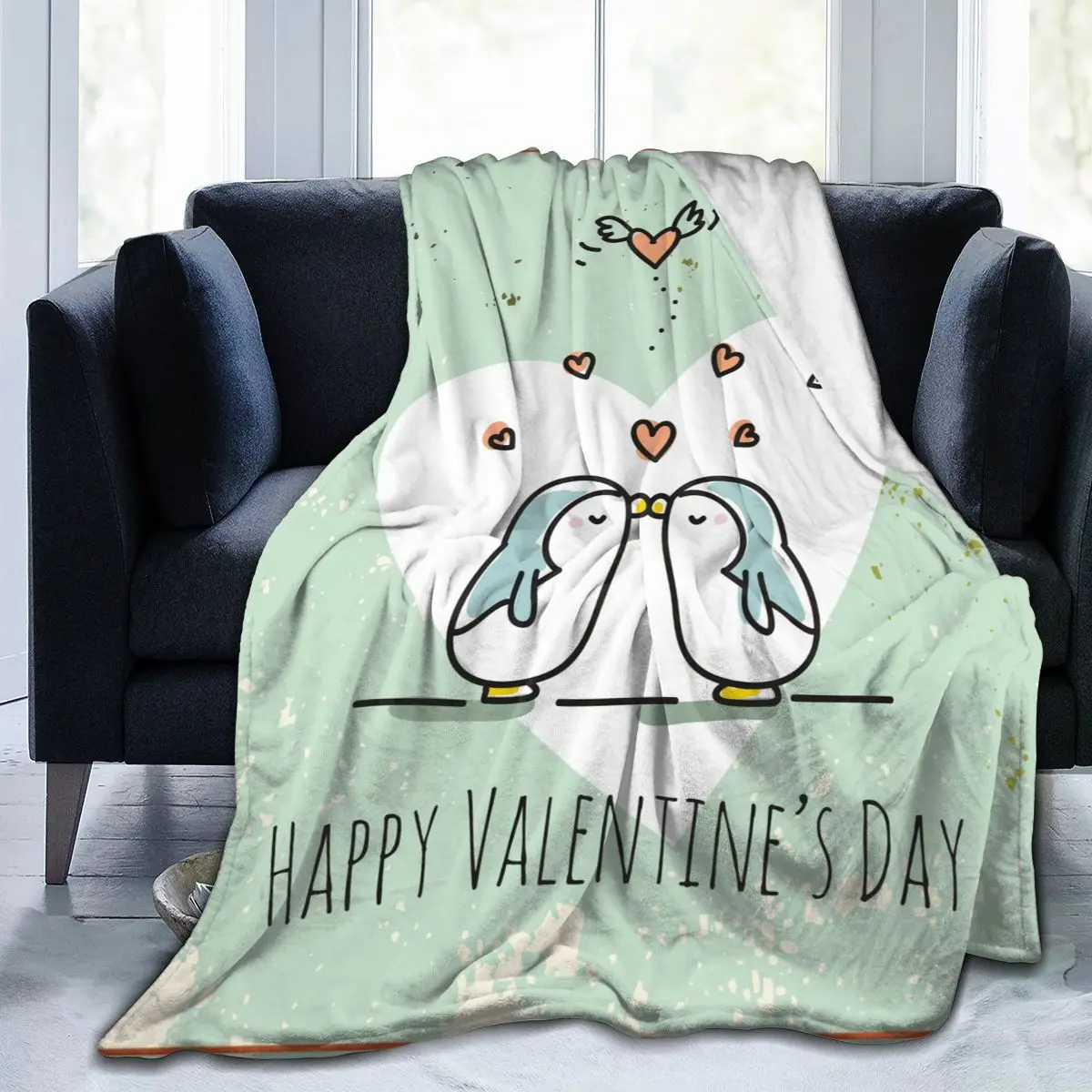 

Soft Fleece Blanket Cute Penguins Couple With Heart Winter Sofa Plaid Throw 3 Size Light Thin Mechanical Wash Flannel Blankets
