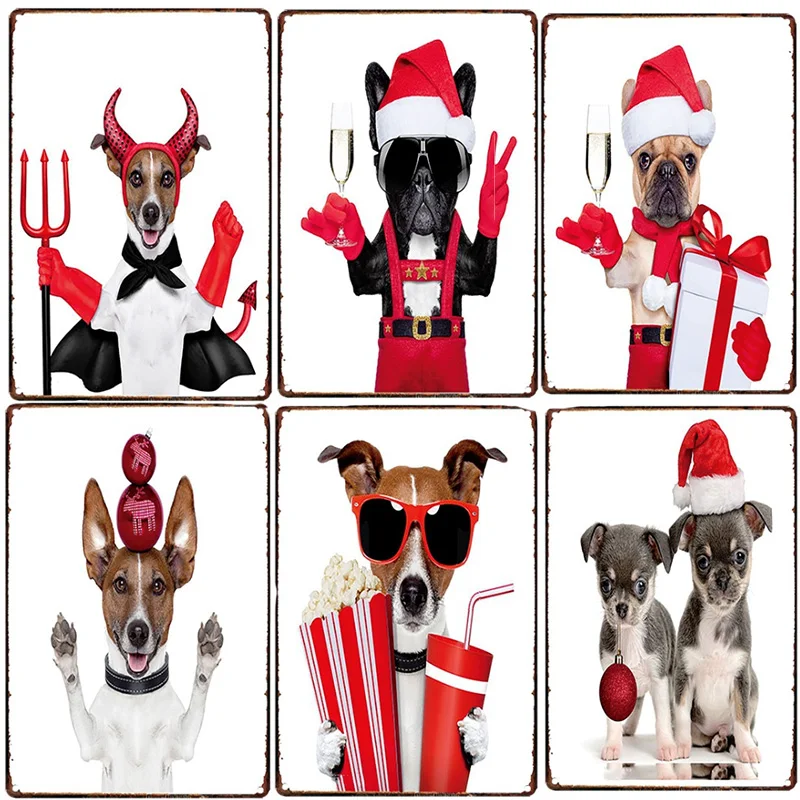 

Christmas cute dog Decorative Metal Sign New Year holiday home bedroom pet shop decorative wall art sign retro metal plate sign