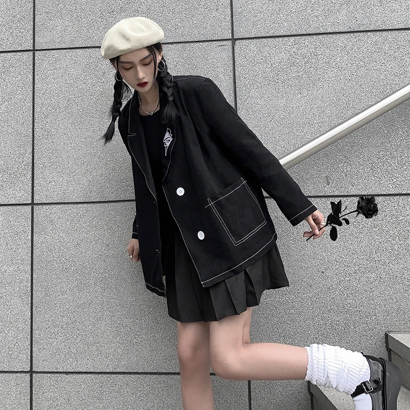

Женские черные блейзеры в Корейском стиле, осенняя модная одежда в готическом стиле, костюмы в японском стиле Харадзюку для подростков, кур...