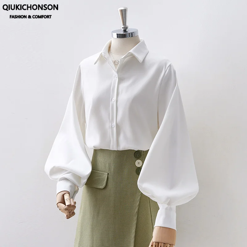 

Lantern Sleeve Womens Tops and Blouse 2020 Spring Summer Korean Style Ladies Tops Elegant Long Sleeve Shirt White Black