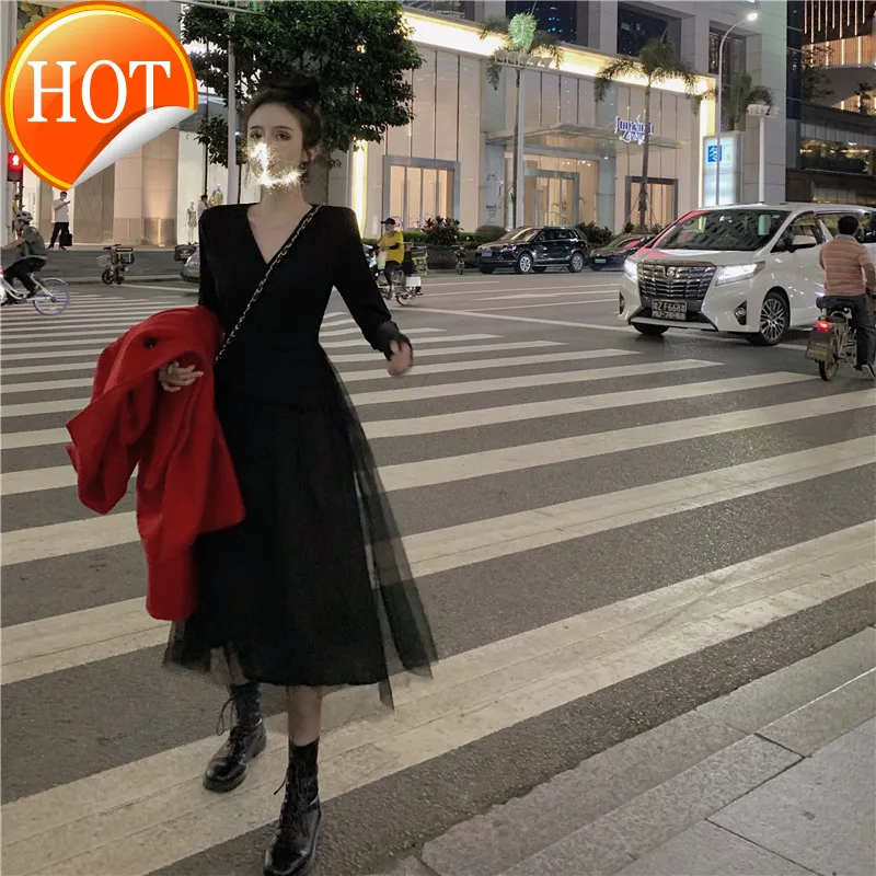 

Футболка с длинным рукавом и v-образным вырезом жареные улица юбка Осенняя женская обувь туфли для праздничной тонкая талия платье сетки ши...