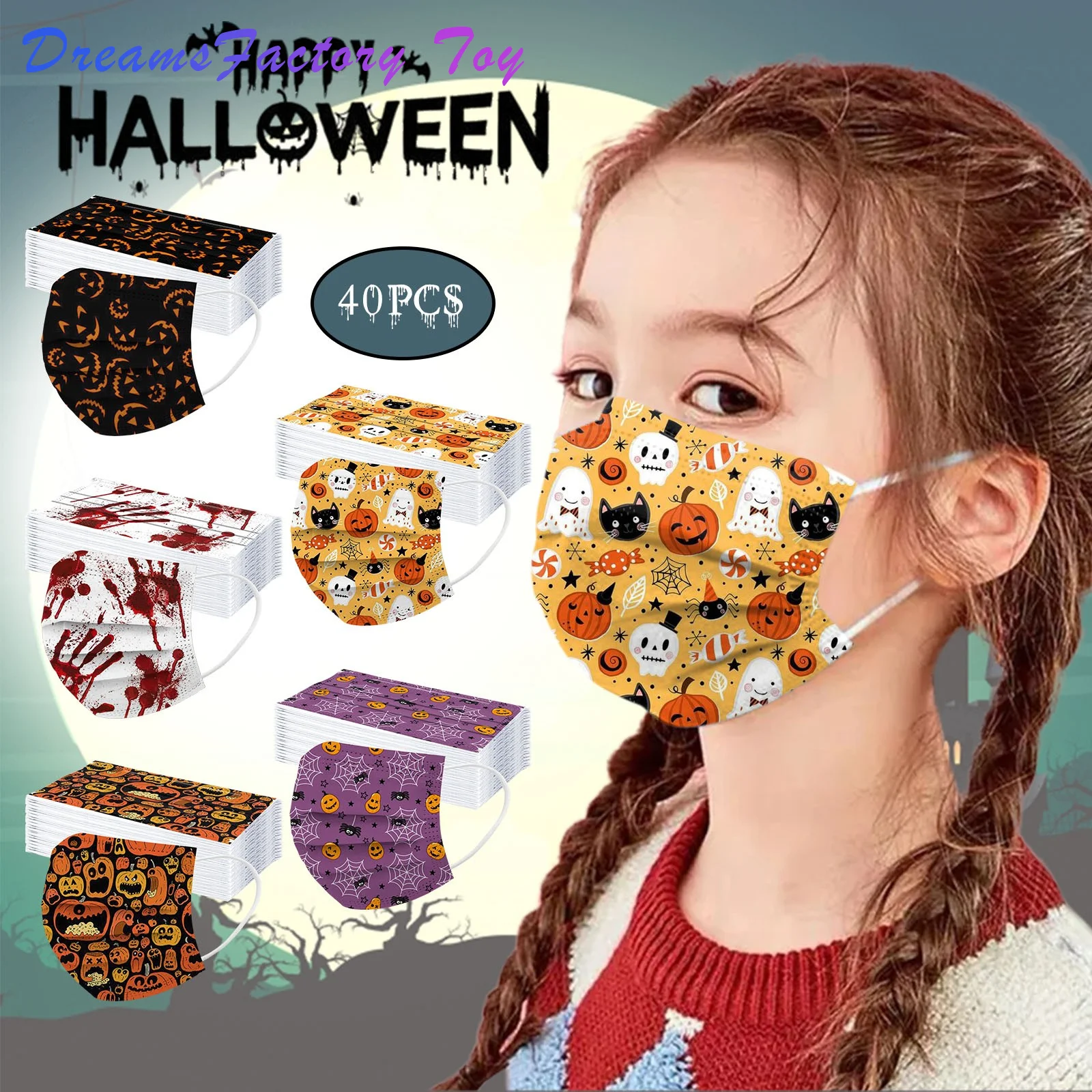 

40pcs Children's Kids Mask Protection 3 Layer Print Happy Halloween Disposable Christmas Cosplay Face Mask Outdoor Mascaras