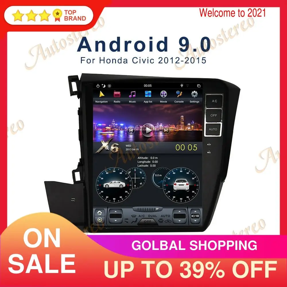 

Vertical Screen Android 9.0 6 Core Car Audio GPS Navigation For Honda Civic 2012-2015 Stereo Head Unit Multimedia Player Carplay