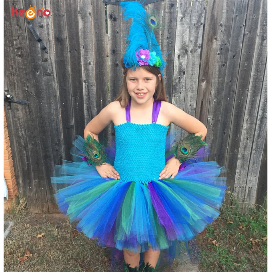 Peacock Girls Dress With Headband Long Trail Dresses Fluffy Robe Fille For Kids Photo Performance Costume Pageant Gowns Clothes | Детская