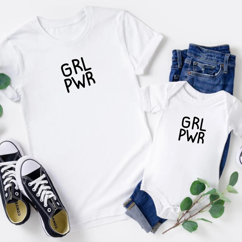 Camiseta a juego para la familia, ropa con estampado de letras Grl Pwr, pap&aacute;, mam&aacute; y yo, Padre, Hijo, madre e hija, trajes a juego-2
