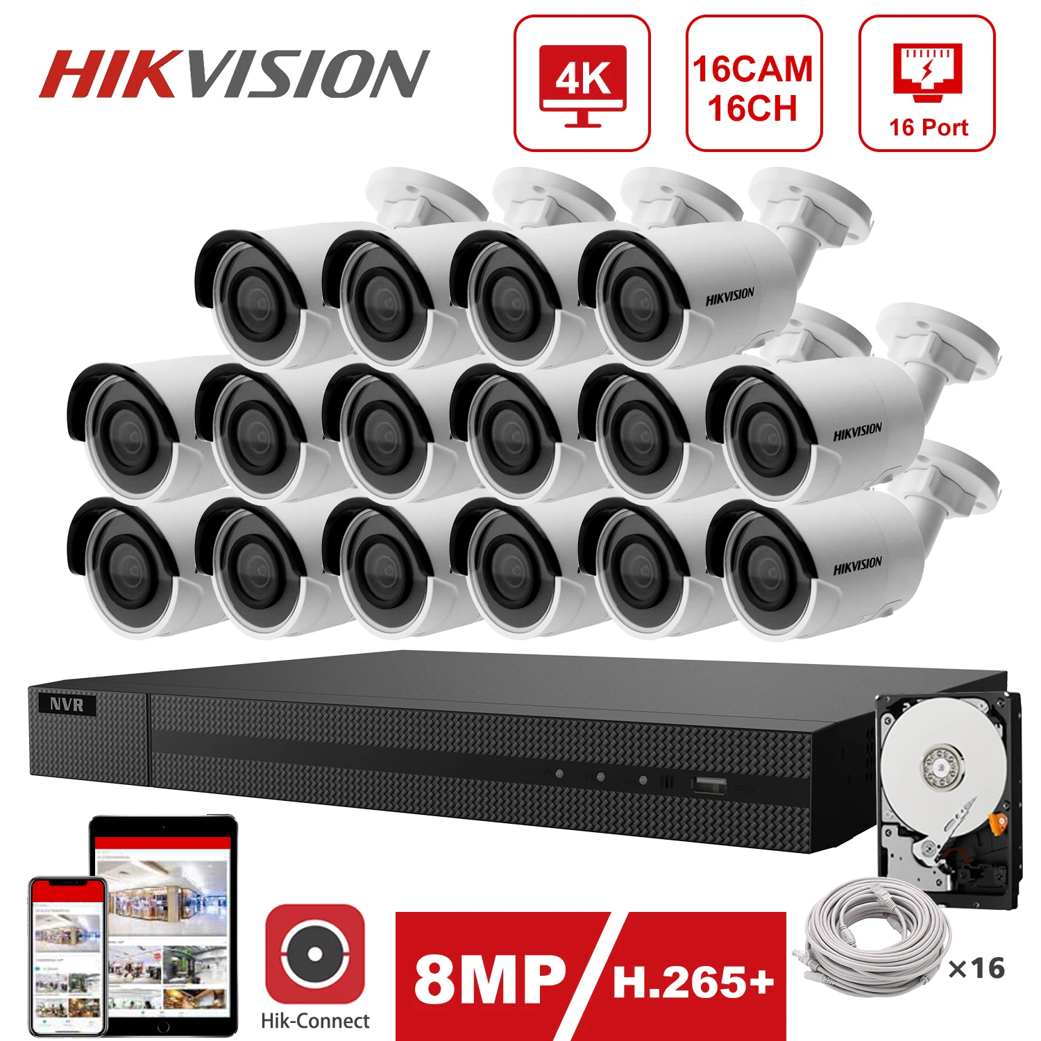 Hikvision POE NVR System Kit 4K 16CH 16pcs 8MP IP Camera DS 2CD2083G0 I Indoor/Outdoor Hik Connect P2P|Система наблюдения| |