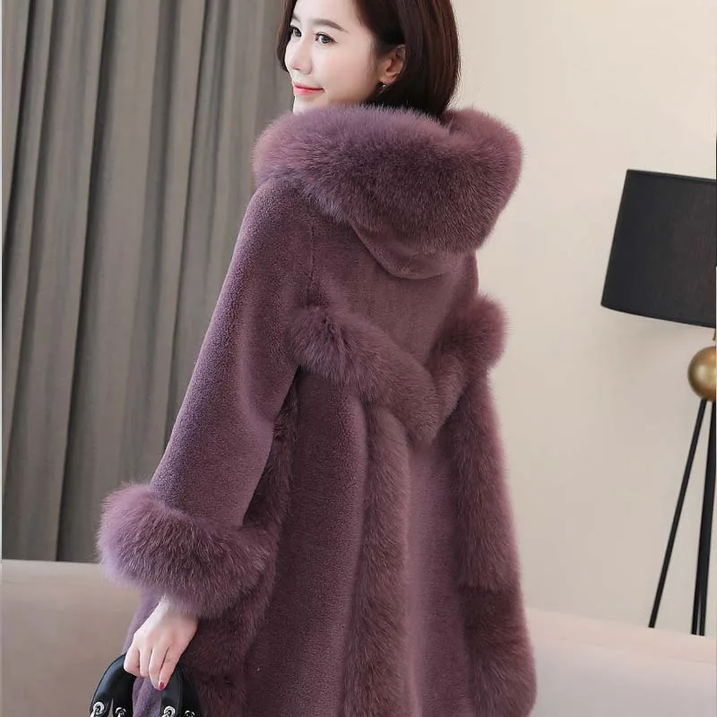 Stunning Grape Real Sheep Fur Coats Hooded Slim Cashmere Middle Length Fox Hair Collar A-line Winter Warm Elegant Women Overcoat